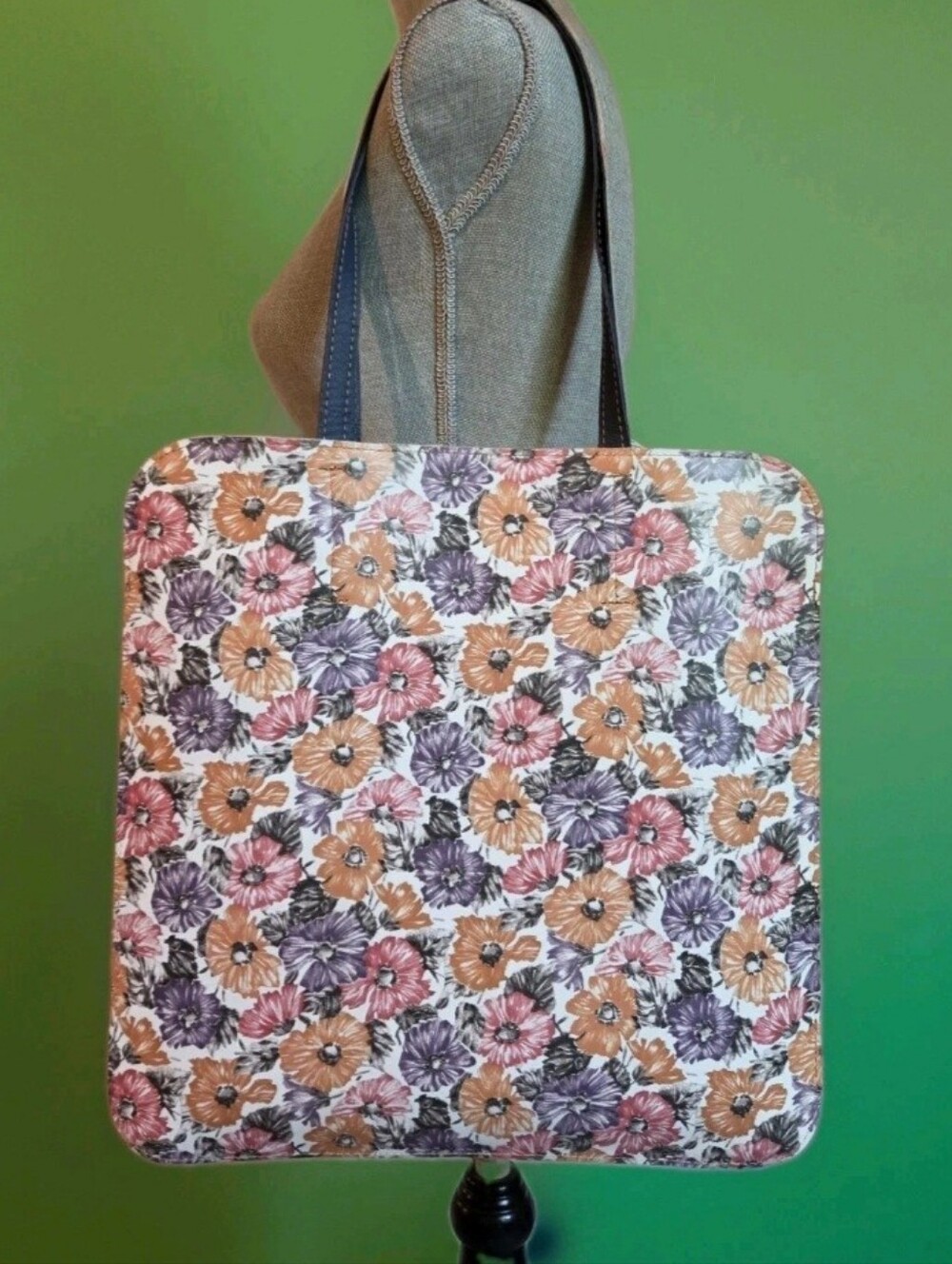 EBARRITO Italy Leather Square Tote Bag Floral Crackle Reversible With Pouch NWT
